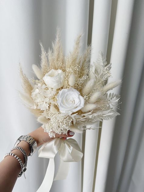 Boho Wedding Bouquet Beige Bridesmaid Bouquet Rose White Blush Dried Flowers Pampas Grass Fern Preserved Flowers Bridal Bouquet - Etsy Egypt Gold Wedding Bouquets, Beige Bridesmaids, Wedding Bouquet White, Alternative Wedding Bouquet, Simple Wedding Bouquets, Bridesmaid Bouquet White, Blush Bridal Bouquet, Bouquet Rose, Rose Bridal Bouquet