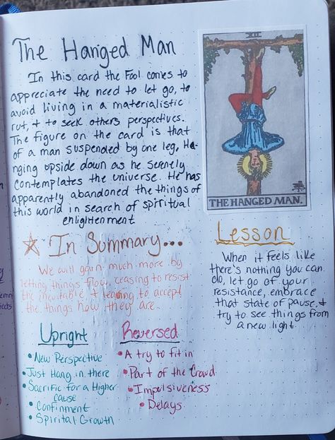 The Hanged Man Tarot Meaning, Timing Tarot, Tarot Grimoire, Witchy Notes, Tarot Notes, Tarot Beginner, Tarot Journaling, Tarot Card Meanings Cheat Sheets, Hanged Man Tarot