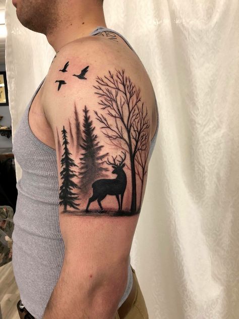 Outdoorsman Tattoo For Men, Deer Antler Tattoos Men, Deer Tattoos For Men, Hunting And Fishing Tattoos For Men, Whitetail Deer Tattoo, Buck Tattoo Men, Mens Duck Hunting Tattoos, Hunting Sleeve Tattoo For Men, Deer Forearm Tattoo