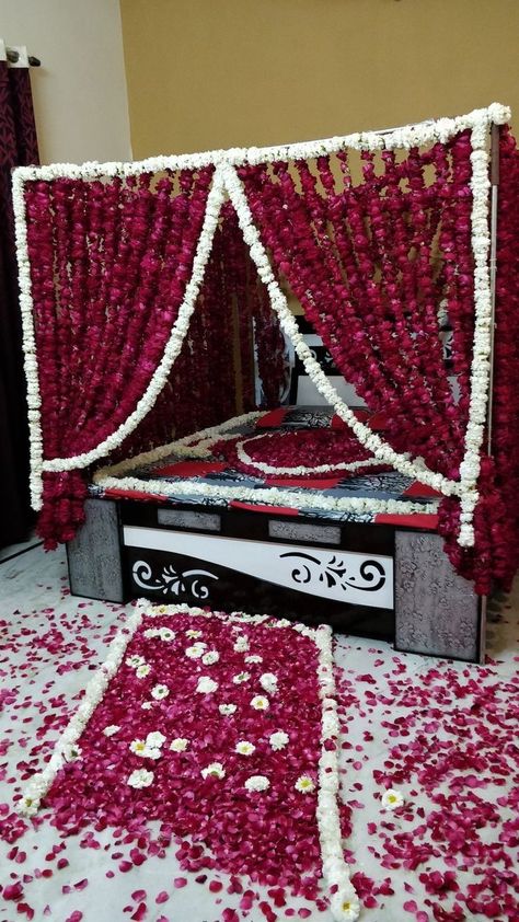 Romantic Room Decoration For First Night, First Night Room Decoration With Flowers, First Night Room Decoration Romantic, Bad Room Decoration, First Night Room Decoration, First Night Room, Wedding Night Bedroom, Night Room Decoration, Wedding Bedroom Decoration