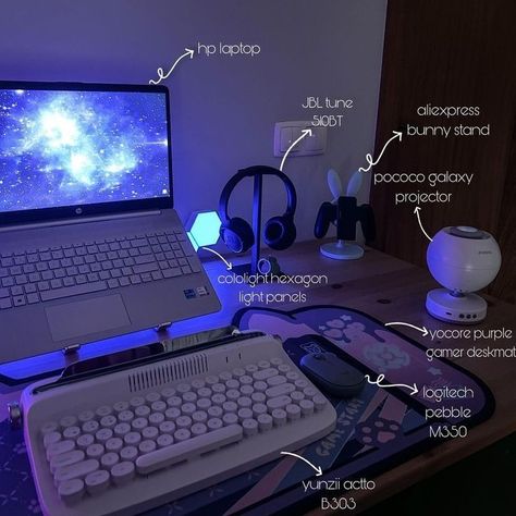 Led Gaming Setup, Student Desk Setup, Cozy Gaming Desk, Laptop Desk Setup, Cinnamoroll Room, Wfh Desk Setup, Gaming Laptop Setup, Projector Galaxy, Desk Decor Aesthetic