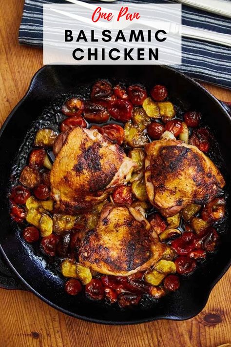 I recently made this dish for a dinner party of 28 guests, the largest group of people I have ever cooked for. I learned a lot that night about picking the right recipes for group dinners and this easy chicken got rave reviews. Best of all for me, it was really simple to make so cooking 18 chicken thighs in a span of an hour was totally doable. The flavors in this dish are outstanding- the cherry tomatoes melt perfectly into the balsamic vinegar and infuse into the juicy chicken. Skillet Balsamic Chicken Thighs, Cranberry Balsamic Chicken Thighs, Balsamic Chicken And Tomatoes, Chicken Thigh Recipes With Tomatoes, Chicken Thigh And Tomato Recipes, Low Fat Chicken Thigh Recipes, Chicken Thighs And Tomatoes, Chicken Thigh Tomato Recipe, Easy Skillet Chicken Thighs