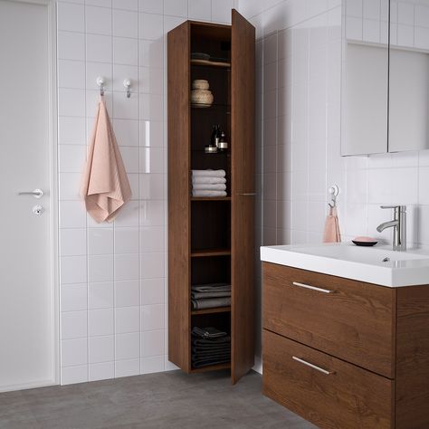 GODMORGON High cabinet - brown stained ash effect - IKEA Ikea Bathroom Furniture, Bathroom Cabinets Ikea, Ikea Bathroom Storage, Ikea Cupboards, Design Interior Baie, Ikea Godmorgon, Work Decor, Ceiling Materials, High Cabinet