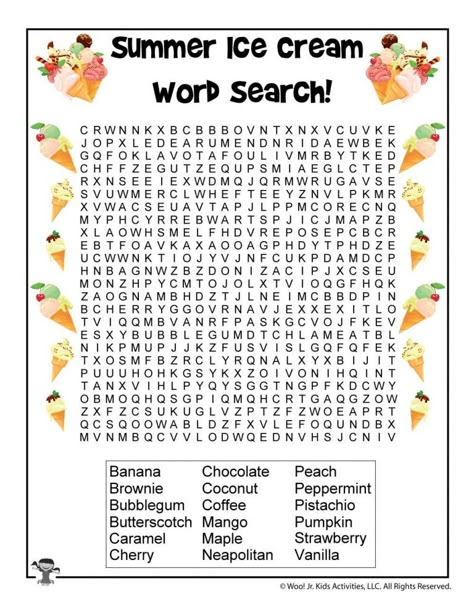 Summer Word Searches and Summer Word Puzzles | Woo! Jr. Kids Activities Ice Cream Word Search, Hard Word Search, Universal Yums, Summer Word Search, Ice Cream Sundae Party, Fun Sheets, Sundae Party, Summer Puzzle, Learning Websites For Kids