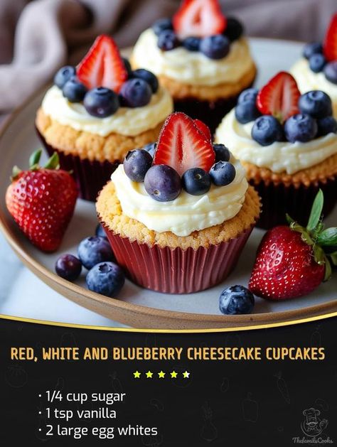 Kylie Recipes | Red, White and Blueberry Cheesecake Cupcakes | Facebook White Chocolate Blueberry Cheesecake Cupcakes, White Chocolate Blueberry Cheesecake, Chocolate Blueberry Cheesecake, Blueberry Cheesecake Cupcakes, Chocolate Blueberry, Cupcake Tins, Cheesecake Cupcakes, Cheesecake Bites, Blueberry Recipes