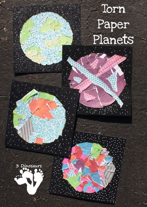 Torn Paper Planets - fun fine motor space craft for kids to make - 3Dinosaurs.com Art For Toddlers, Outer Space Crafts, Space Art Projects, Space Theme Preschool, Planet Crafts, Space Activities For Kids, Space Lessons, Space Preschool, Space Crafts For Kids