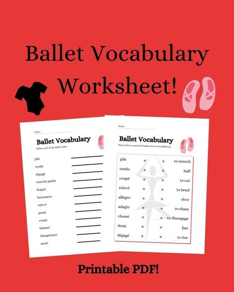 Excited to share this item from my #etsy shop: Ballet Vocabulary Worksheet #balletdancer #teacherworksheet #danceteacher #dancecoach #danceclass #ballerina #afterschoolfun #dancerecital Beginner Ballet Lesson Plans, Ballet Vocabulary, Beginner Ballet, Ballet Classes, Ballet Lessons, Dance Coach, Vocabulary Quiz, Goals Worksheet, Dance Teachers