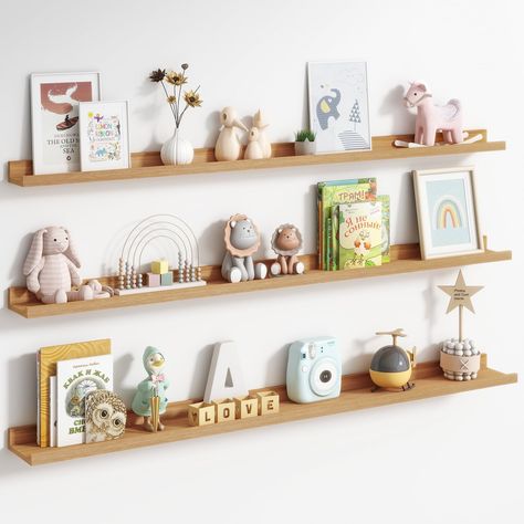 PRICES MAY VARY. Picture Ledge Shelf-Do you have many memorable pictures but don't have enough wall space to display them? The Axeman picture shelf is the perfect solution! Our floating shelves provide a centralized display of many photos without taking up a lot of wall space Multifunctional Floating Shelves-Our floating shelves for wall with special baffle design allow you to safely exhibit your collectibles and photos but no worries about slipping off! Wall shelves with 3 different depths stor Picture Shelf Nursery, Narrow Shelves Decor, Kids Room Floating Shelves, Floating Shelves Playroom, Boy Room Shelves, Kids Room Shelving Ideas, Shelves Above Dresser, Nursery Shelving Decor, Amazon Shelves