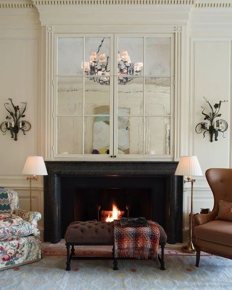 Tv Behind Mirror, New Traditional Decor, Mirrored Walls, Above The Fireplace, Wavy Mirror, Bunny Williams, California Cool, French Cottage, The Fireplace