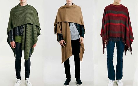 fringes on 3rd cape... A selection of the capes on sale this season in Topman Mens Blanket, Poncho Men, Poncho Outfit, Latest Mens Wear, Cape Fashion, Star Wars Fashion, Capes & Ponchos, Future Outfit, Mens Winter Fashion