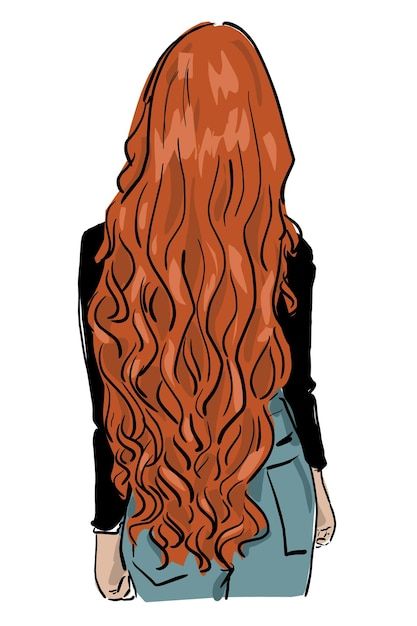 Long Cartoon Hair, Curled Hair Reference, Womens Silhouette Drawing, Red Hair Drawing, Long Hair Illustration, Long Hair Cartoon, Sketch Body, Red Hair Cartoon, Curly Hair Cartoon