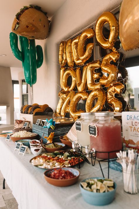 dragons love tacos birthday party | the love designed life Tacos Birthday, Dragons Love Tacos Party, Taco Bar Party, Rose Gold Flatware, Dragons Love Tacos, Drink Stand, Fiesta Theme Party, Tacos And Tequila, Fun Party Themes