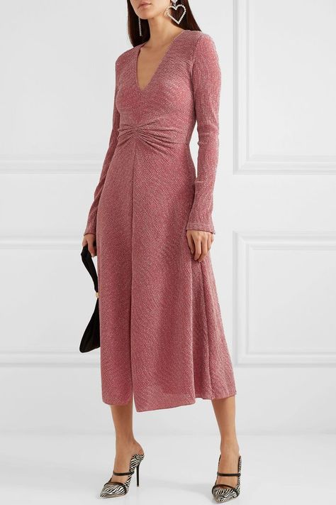 Rotate Gathered Metallic Stretch-Knit Midi Dress Rotate Birger Christensen, Stretch Knit Dress, Birger Christensen, Flattering Dresses, Satin Maxi Dress, Night Out Dress, Metallic Dress, Knit Midi, Knit Midi Dress