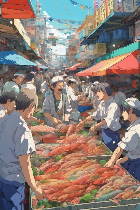 Lively Fish Market Check more at https://paintlyx.com/lively-fish-market/ Fish Market Drawing, Fall Backgrounds, Amazing Minecraft, Fall Background, Portfolio Ideas, Illustration Portfolio, Fish Market, Beach Fishing, Pier Fishing