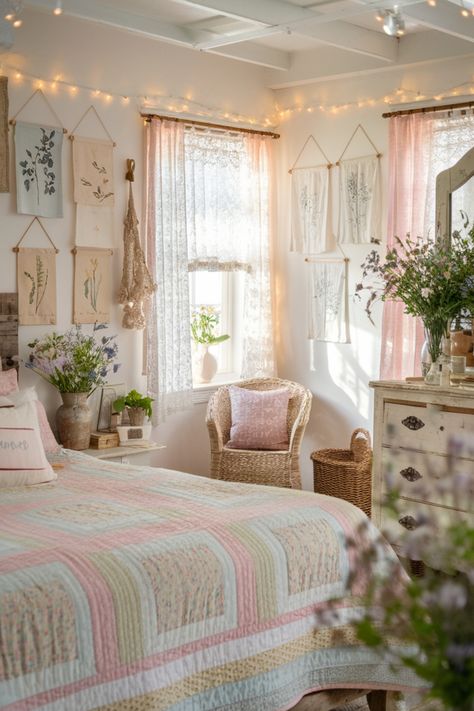 Cozy bedroom with floral decor, pastel bedding, wicker chair, lace curtains, and string lights. Cutesy Room Aesthetic, Ethereal Bedroom Aesthetic, Bedroom With Wooden Furniture, Cottagecore Room Aesthetic, Cottagecore Bedroom Aesthetic, English Cottagecore, Cottagecore Aesthetic Bedroom, Cottagecore Bedroom Ideas, Ensuite Bathroom Designs