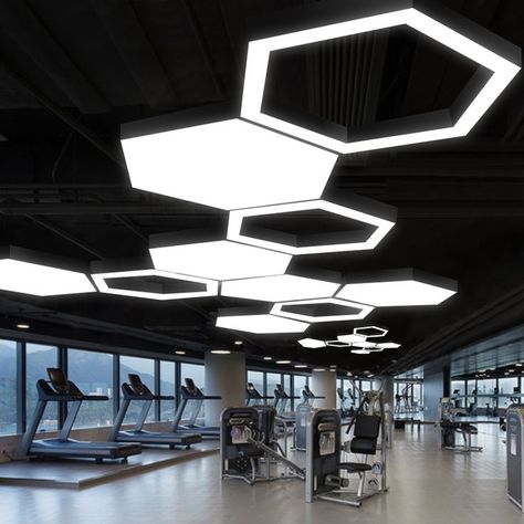 Gym False Ceiling Designs, Gym Ceiling Light, Gym Ceiling Design, Gym Ceiling, Futuristic Gym, Gym Lights, Chair Showroom, Gym Lighting, Gym Design Interior