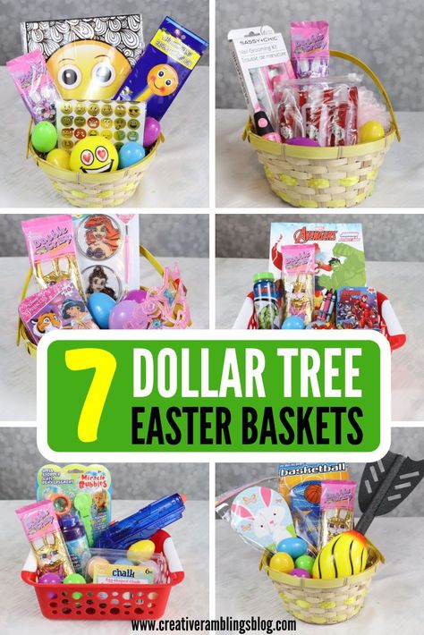 7 Dollar Tree Easter Baskets - inspiration for creating cute themed Easter baskets. Get my tips for putting together an Easter basket from Dollar Tree #dollartree #easterbaskets #easter #dollarstore Themed Easter Baskets, Sports Easter Basket, Newborn Easter Basket, Dollar Tree Easter Basket, Simple Easter Baskets, Homemade Easter Baskets, Easter Basket Themes, Fun Easter Baskets, Easter Mason Jars