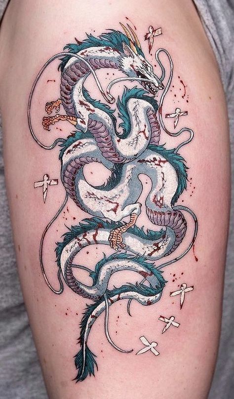 Haku Dragon Tattoo, Tatuaje Studio Ghibli, Haku Dragon, Dragon Tattoo Meaning, Dragon Tattoo Ideas, Red Dragon Tattoo, Dragons Tattoo, Small Dragon Tattoos, 16 Tattoo