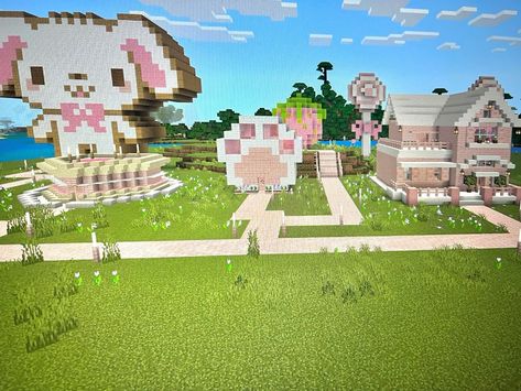 Cute Kawaii Minecraft Builds, Cutecore Minecraft House, Cutecore Minecraft Builds, My Melody Minecraft House, Minecraft Houses Kawaii, Minecraft Girly Ideas, Cute Minecraft Aesthetic, Minecraft Kawaii House, Minecraft Kawaii Builds