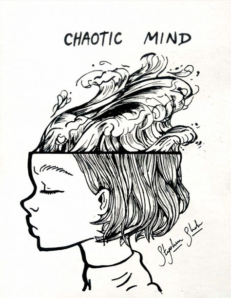 HER MIND IS A CHAOS Chaos Sketch Drawings, Thoughts Coming Out Of Head Drawing, Add As A Drawing, Chaos Head Tattoo, Busy Mind Art, Busy Mind Drawing, Full Mind Drawing, Open Minded Drawing, Mind Drawing Thoughts