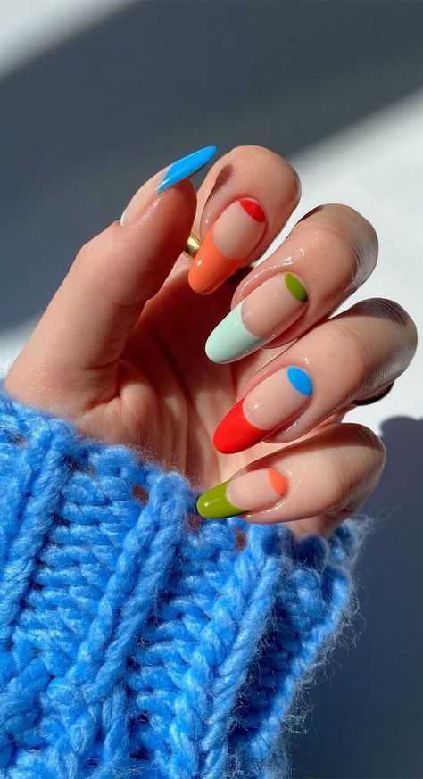 15. Vibrant Colour Block Frenchies Do you like getting manicures? I always say yes! Everyone loves a nice manicure, some ladies like barely-there nail polish... Deco Nails, Color Block Nails, Her Nails, Nail Styles, Pretty Nail Art, Gel Nail Designs, Funky Nails, Chic Nails, French Tip Nails