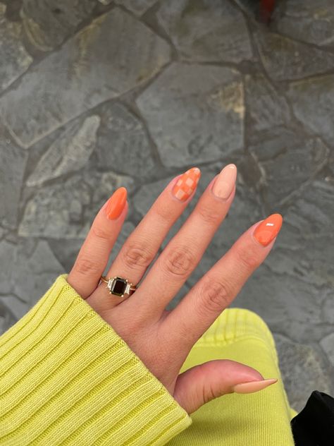 Orange Checkered Nails, Checkered Nails, 2024 Nails, Peach Nails, Peach Orange, Orange Nails, Make Me Up, Dream Nails, Cute Acrylic Nails