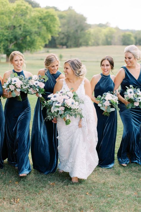 Navy Wedding Bridesmaid Dresses, Jewel Tone Blue Bridesmaid Dresses, Dark Teal Wedding Party, Gem Tone Bridesmaid Dresses, December Wedding Bridesmaid Dresses, Deep Teal Bridesmaid Dresses Fall Wedding, Blue Velvet Bridesmaid Dresses, Blue Velvet Wedding, Winter Wedding Colors 2024