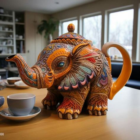 Elephant Teapot, Teapot Decor, Tea Pots Art, Art Deco Artwork, Vintage Tea Sets, Teapots Unique, Pretty Tea Cups, Miniature Tea Set, Indian Folk Art