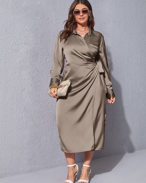 STYLE INSPO MULBERRY SILK Available in all colors Plus Size Satin Dress, Dusty Pink Dresses, Sleeved Velvet Dress, Long Sleeve Chiffon Dress, Printed Prom Dresses, Halter Bodycon Dress, Black Dresses Classy, Fall Plus Size, Winter Fashion Outfits Casual