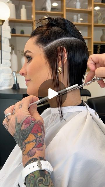 Chris Jones on Instagram: "This was a fun one 🙂

When @rachel.eggie wants you to cut her hair you say YES! 

We decided on something a little more on the blunt side. Since 90% of the time all one length doesn’t have the best shape, we took bulk out of the back, texturized the rest and worked with the long bangs she already had 😊

Kept it simple and I think it turned out great!

#hair #bobhaircut #hairvideos #haircut #hairtutorial #hairideas #hairvideo #shorthair #lobhaircut #airlightpro" Blond To Black Hair Transformation, Shannon Sossamon Short Hair, Chris Jones Hair, Long To Short Hair Transformation, Chris Jones, Long To Short Hair, Chin Length Hair, Lob Haircut, Cut Her Hair