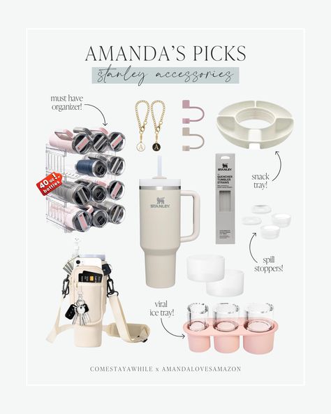 Super cute accessories for your Stanley tumbler! Snack tray lid for drink cup. Cabinet organizer that fits 40 oz tumblers! Viral ice tray cube for tumblers. Stanley cups. Spill stoppers for Stanley tumbler. Initial charms for tumbler. Follow Comestayawhile for realistic DIY from a self taught mom working hard to upgrade her neutral modern farmhouse home on a budget. Follow Amandalovesamazon for all the best deals on neutral home decor, trending fashion finds, and budget friendly beauty items. Stanley Decor, Stanley Cup Accessories, Cup Cabinet, Stanley Accessories, Mom Working, Stanley Cups, Cup Accessories, Stanley Tumbler, Cabinet Organizer