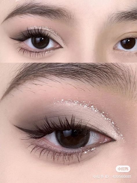 Dark Dress Makeup Look, Kpop Smokey Eye, Smokey Eye Douyin Makeup, Simple Eye Makeup For Black Dress, Black And Grey Makeup Looks, Twice Concert Makeup, Ullzang Make Up Tutorial, Douyin Smokey Eye, Simple Makeup For Black Dress