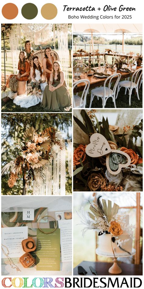 Best 8 Boho Wedding Color Ideas for 2025 - ColorsBridesmaid Olive And Peach Wedding, Olive Green And Terracotta Wedding, Olive Wedding Colors, Boho Wedding Color Schemes, Green Wedding Invites, Heart Shaped Wedding Ring, Olive Green Bridesmaid, White Wedding Table Setting, September Wedding Colors