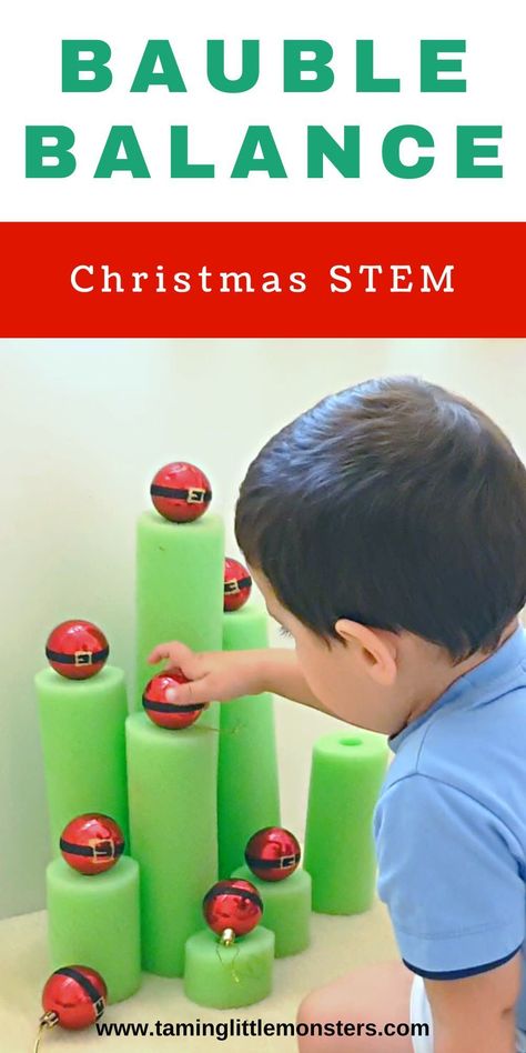 Bauble Balance - Christmas STEM Activity for Kids. easy engineering activity for toddlers and preschoolers. #christmas #stem #toddler #preschool Steam For Preschool, Science Center Preschool, Stem Activity For Kids, Math Activities For Toddlers, Christmas Stem Activities, Winter Stem, Learning Centers Preschool, Easy Math Activities, Stem Activities Preschool