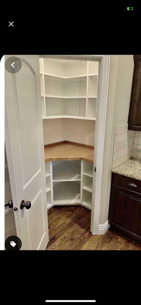 Smaller Pantry Ideas, Corner Wall Pantry, Small Corner Pantry Shelving Ideas, Small Corner Pantry Ideas Built Ins, Kitchen Remodel Corner Pantry, Small Pantry Dimensions, Angled Pantry Ideas, Small Pantry Addition, Corner Pantry Ideas Small Kitchen