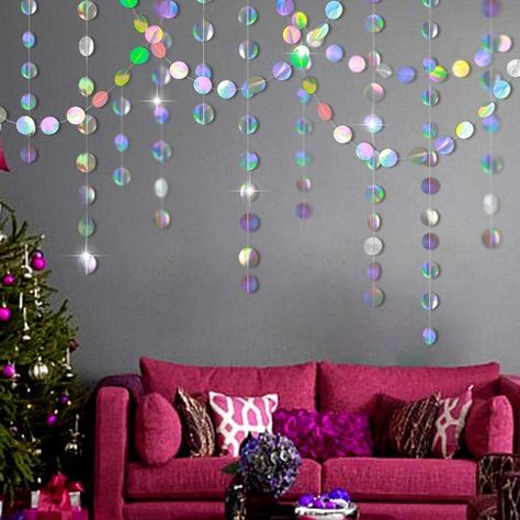 Streamer Party Decorations, Iridescent Party, Silver Garland, Streamer Backdrop, Circle Garland, Mermaid Birthday Party Decorations, Bachelorette Decorations, Glitter Party, Ball Decorations