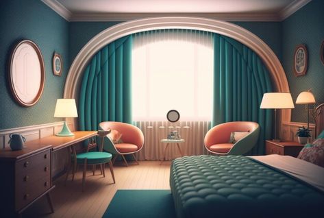 Retro hotel room graphic design 3d model... | Premium Photo #Freepik #photo #night-room #bedroom-background #bedroom #vintage-room Retro Hotel Room, Retro Bedroom Ideas 1950s, Streamline Moderne Interior, 1950s Bedroom, Retro Bedroom Ideas, Model Background, Retro Hotel, Night Room, Background Bedroom