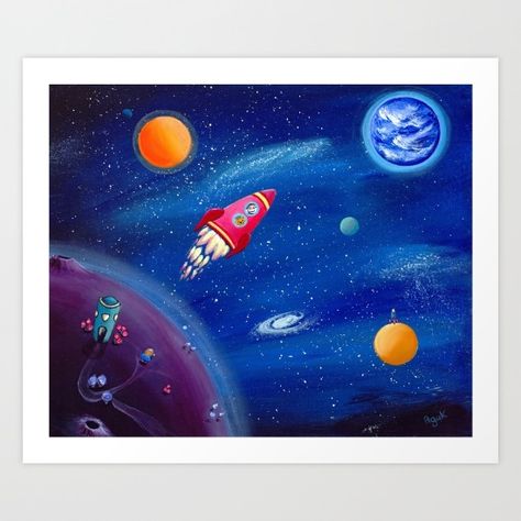 Collect your choice of gallery quality Giclée, or fine art prints custom trimmed by hand in a variety of sizes with a white border for framing. Nursery Planets, Outer Space Drawing, Nasa Art, Outer Space Art, Outer Space Nursery, Journey Art, Elementary School Art, Outer Space Decorations, Space Drawings