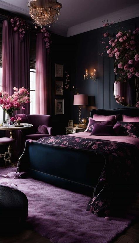 Teal And Plum Bedroom, Dark Purple And Black Bedroom, Color Themed Rooms, Scorpio Room Aesthetic, Pink And Black Bedroom Aesthetic, Dark Purple Room Aesthetic, Dark Purple Bedroom Walls, Eggplant Bedroom, Moody Purple Bedroom