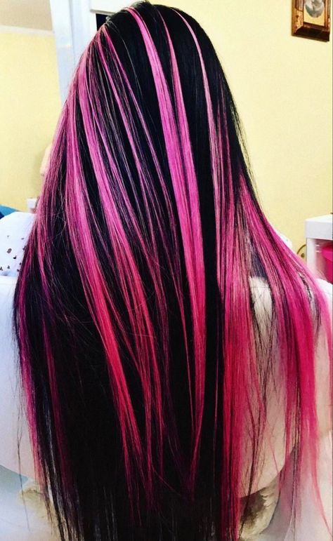 Black And Pink Hair Extensions, Hot Pink Streaks In Black Hair, Black And Pink Striped Hair, Dark Hair With Hot Pink Highlights, Pink Hair With Black Highlights, Pink Hilights Hair, Hot Pink Highlights In Black Hair, Hot Pink Hair Streaks, Dark Spring Hair