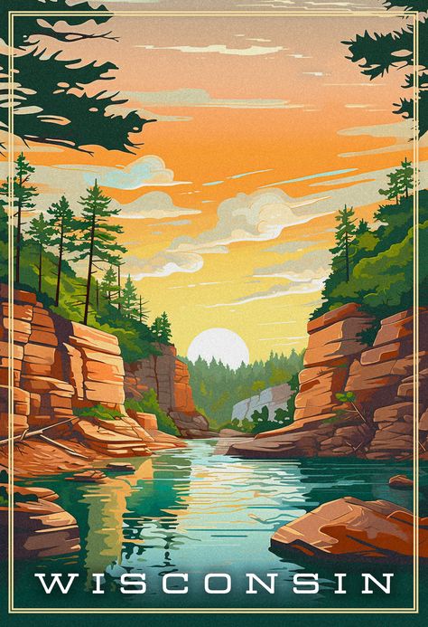 Embrace the beauty of Wisconsin Dells. Enjoy the river and rock formations every time you look at this artwork. Wisconsin Poster, Retro Postcard, Cool Poster Designs, Wanderlust Decor, Western Artwork, Wisconsin Dells, Dorm Art, Vintage Poster Design, Train Art