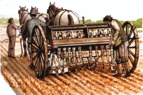 Inventor Jethro Tull invented the seed drill in 170. It was a mechanical seeder which distributed seeds equally across a plot of land. This was helpful because the amount of time seeds were harvested to plant at that time was around four or five. Agricultural Revolution, Seed Drill, This Is Us Movie, Pencil Sketch Images, Antique Tractors, New Farm, History Projects, Industrial Revolution, Modern History