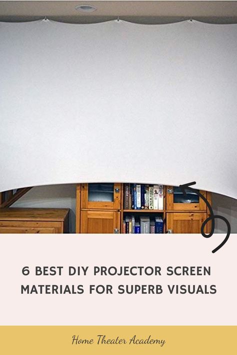 White projector screen hanging in front of a wooden bookcase with text overlay: "6 Best DIY Projector Screen Materials for Superb Visuals". Homemade Projector Screen, Homemade Projector Screen Diy, Diy Projector Screen Indoor, Diy Projector Screen, Diy Movie Projector, Diy Projection Screen, Retractable Projector Screen, Projector Screen Ideas, Homemade Projector