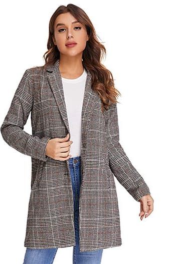 Brown Plaid Coat, Blazers Outfits, Kashmir Trip, Plaid Overcoat, Lapel Collar Coat, Elegant Clothing, Work Blazer, Work Meeting, Crochet Clothing