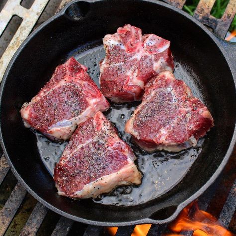 Cast Iron American Lamb Chops - Over The Fire Cooking Over The Fire Cooking, Lamb Loin Chops, Lamb Steaks, Lamb Loin, How To Cook Lamb, Grilled Lamb Chops, Lamb Chop Recipes, Adventure Ideas, Iron Skillet Recipes