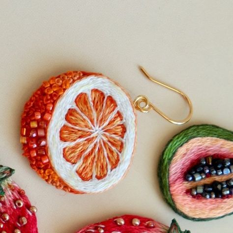 Embroidery with love 💕 | How I love these fruits treasures 🥳😜  ___________ #fruitart #handmadejewelrydesign #embroideryjewelry #jewelrylovers #embroiderywork... | Instagram Fruit Embroidery Design, Fruits Embroidery, Embroidered Fruit, Fruit Embroidery, Hand Embroidered Jewelry, Beaded Things, Embroidered Jewelry, Handmade Jewelry Designs, Embroidery Jewelry