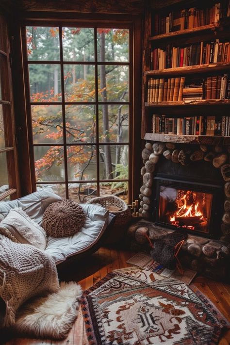 Goofy Aesthetic, Cozy Cabin Aesthetic, Log Cabin Interior Design, Dream Home Library, Reading Nook Ideas, Cabin Remodel, Cozy Library, Log Cabin Interior, Cabin Rustic