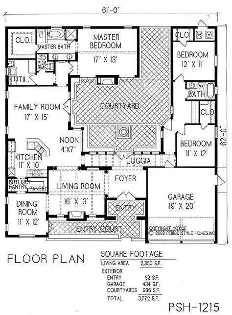 Interior Courtyard House Plans, Courtyard Layout, House Plans With Courtyard, Spanish Style Homes Plans, Spanish House Plans, Mission Revival, Patio House, Central Courtyard, Hacienda Style Homes