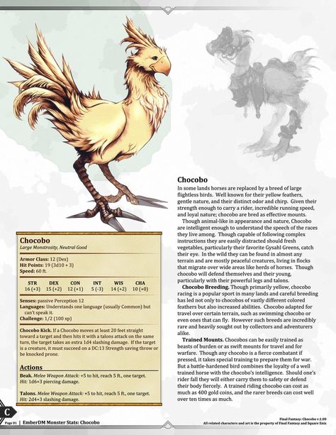 Final Fantasy Bestiary, Final Fantasy Dnd 5e, D&d Creatures, Dnd Mounts, Dnd Familiar, Dnd Pets, Final Fantasy Chocobo, Dnd Animals, Dnd Creatures