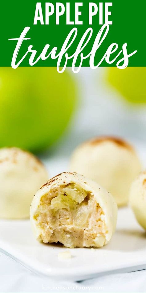 Apple Pie Truffles are one of a kind. Fresh apple truffles dipped in white chocolate and dusted with cinnamon. No baking required for these homemade truffles. #dessert #truffle #apple #pie #nobake #recipe #easy #best #fresh Apple Pie Truffles, Apple Truffles, No Bake Apple Pie, No Bake Truffles, Leftover Apples, Kitchen Sanctuary, Homemade Truffles, Cheesecake Mix, Dessert Truffles